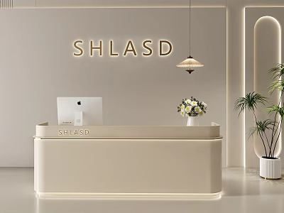 Modern Reception Desk With Apple Computer Flower Arrangement Hanging Lamp SHLASD Logo And Potted Plant 3d model
