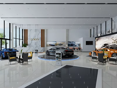 Luxury 4S Car Dealership Showroom With Display Vehicles Seating Area And Large Screens 3d model