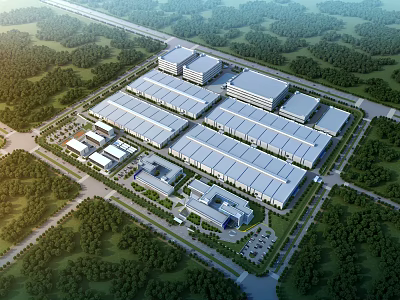 Modern Industrial Factory Complex with Green Landscaping and Parking Facilities 3d model