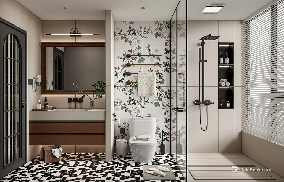Modern Bathroom Interior Design Featuring Floral Tile Shower Wooden Vanity Mirror And Toilet 3d model 