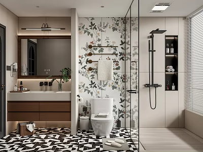 Modern Bathroom Interior Design Featuring Floral Tile Shower Wooden Vanity Mirror And Toilet 3d model