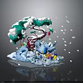 Festive Green Plant Decorated With Snow Red Ornaments Blue Figurines Gift Boxes And Falling Snowflakes