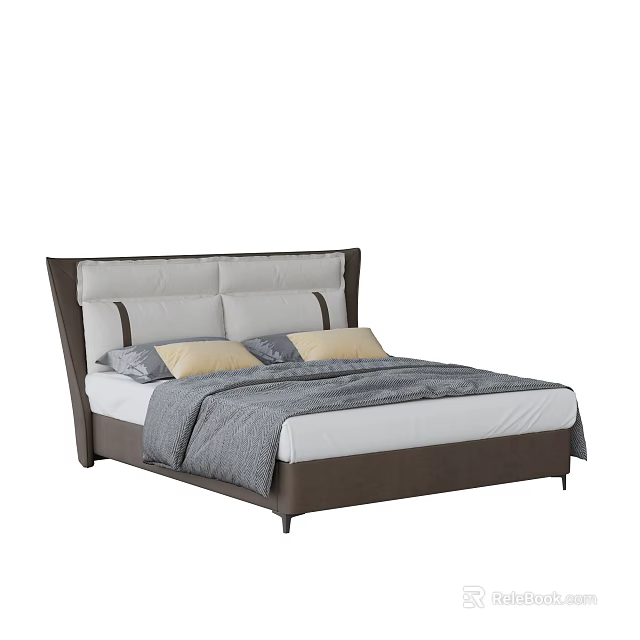 Modern Double Bed With Gray White Headboard Soft Pillows White Sheets And Gray Blanket 3d model