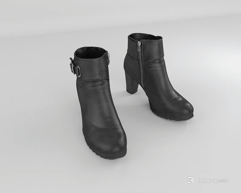 Stylish Black Leather Ankle Boots With High Heel And Buckle Strap Design 3d model 