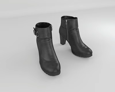 Stylish Black Leather Ankle Boots With High Heel And Buckle Strap Design 3d model