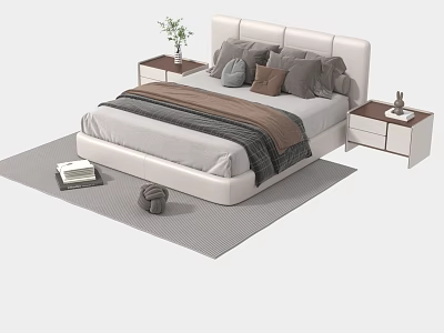 Modern Double Bed with Upholstered Headboard Gray Brown Pillows Nightstands Table Lamps and Gray Rug 3d model