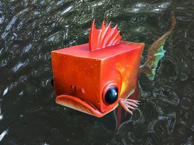 Red Square Shaped Fish With Big Eyes And Fins For Aquarium Decoration 3d model
