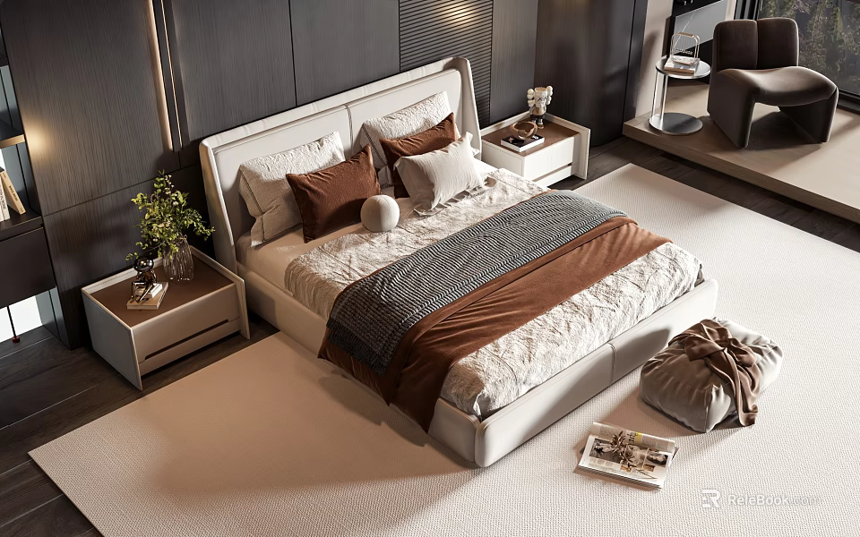 Elegant Double Bed With Upholstered Headboard Multiple Pillows Brown Blanket And Nightstand Plant 3d model 