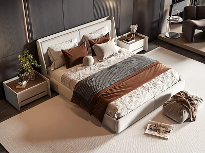 Elegant Double Bed With Upholstered Headboard Multiple Pillows Brown Blanket And Nightstand Plant 3d model