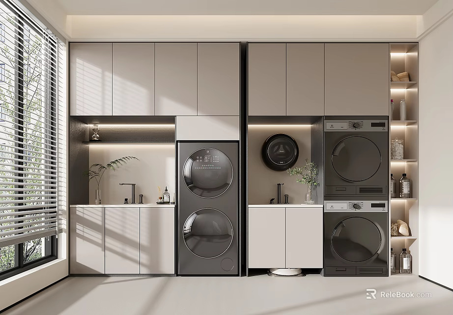 Modern Laundry Room With Built in Washing Machine Dryer And Gray Storage Cabinets 3d model 