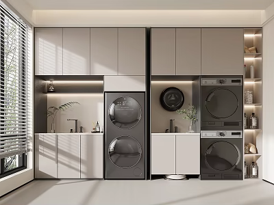Modern Laundry Room With Built in Washing Machine Dryer And Gray Storage Cabinets 3d model