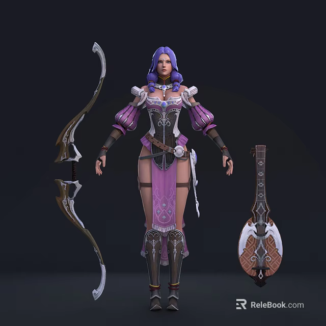 Game Character With Purple Hair And Purple White Outfit Holding Longbow And Lute 3d model 