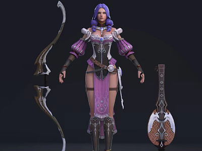 Game Character With Purple Hair And Purple White Outfit Holding Longbow And Lute 3d model