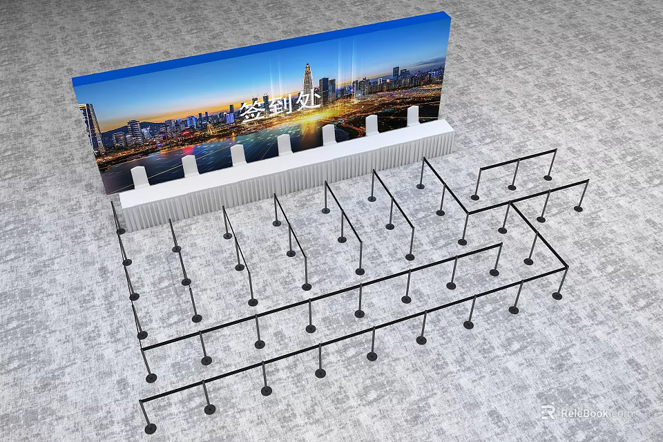 Check in Area Setup With Queue Lines And City Backdrop For Events 3d model 