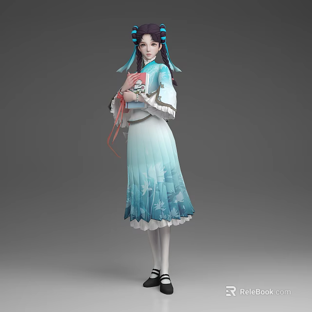 A Woman In Ancient Traditional Blue White Ombre Dress Holding Decorative Fan With Hair Accessories 3d model 