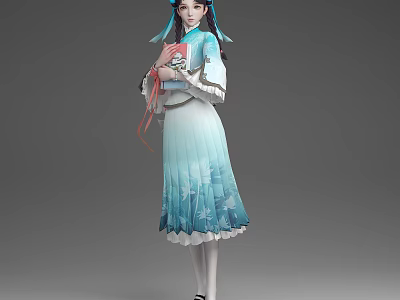 A Woman In Ancient Traditional Blue White Ombre Dress Holding Decorative Fan With Hair Accessories 3d model