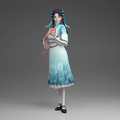 A Woman In Ancient Traditional Blue White Ombre Dress Holding Decorative Fan With Hair Accessories 3d model