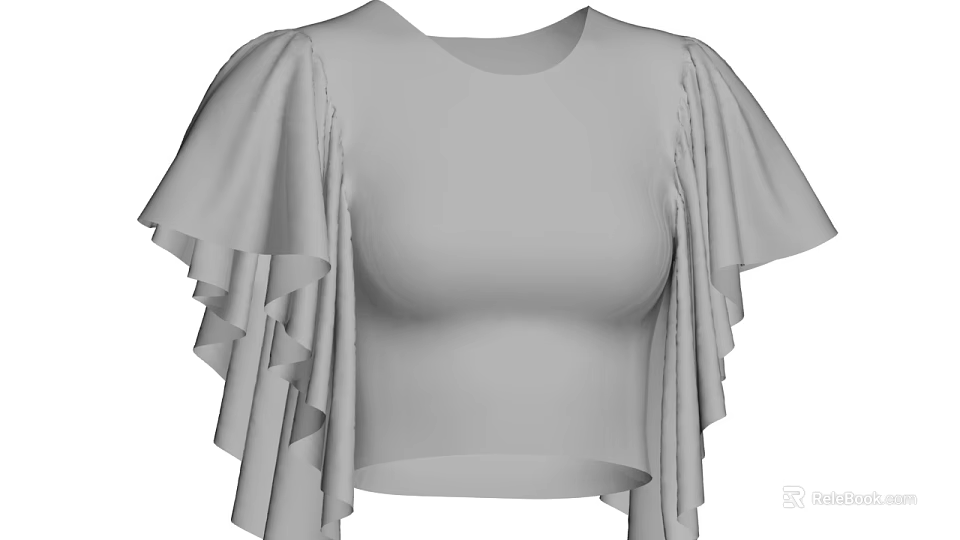 Gray Round Neck Women's Short Sleeve Cropped Top With Layered Ruffle Sleeves 3d model 
