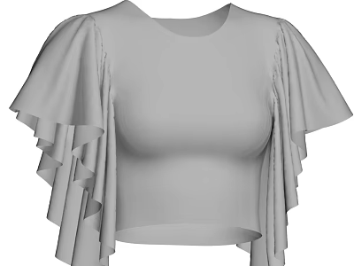 Gray Round Neck Women's Short Sleeve Cropped Top With Layered Ruffle Sleeves 3d model