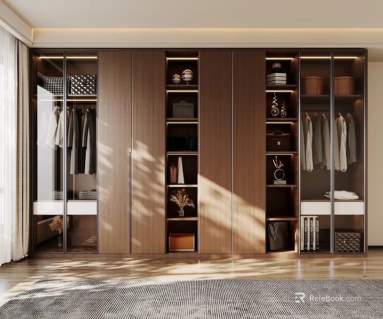Modern Bedroom Interior With Wooden Wardrobe Glass Doors Hanging Clothes And Storage Boxes 3d model 