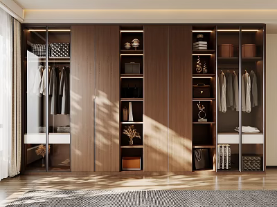 Modern Bedroom Interior With Wooden Wardrobe Glass Doors Hanging Clothes And Storage Boxes 3d model