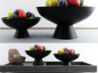 Stylish Black Ceramic Fruit Bowls In Different Sizes With Fresh Fruits On Wooden Tray 3d model