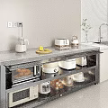 Modern Kitchen Countertop With Metal Shelves Toaster Kettle Lemon And Cookware