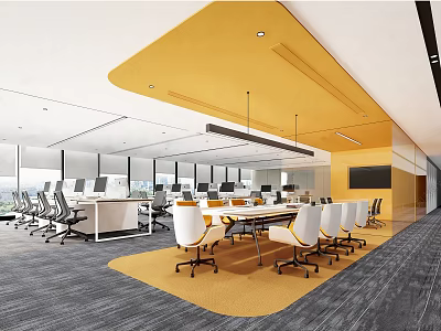 Modern Conference Room With Yellow Ceiling Long Meeting Table White Grey Chairs And Large Windows 3d model