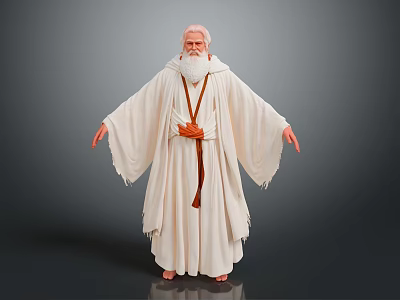 Man In White Robes With Brown Belt White Hair Long Beard Arms Outstretched Gray Background 3d model