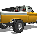 Vintage Yellow Pickup Truck with Large Off Road Tires and Metal Front Bumper