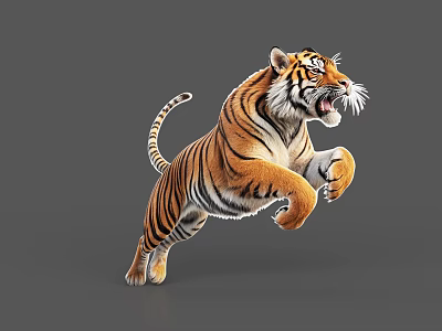 Striped Tiger In Dynamic Jumping Pose With Open Mouth On Gray Background 3d model