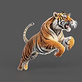 Striped Tiger In Dynamic Jumping Pose With Open Mouth On Gray Background