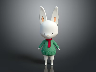 White Cartoon Rabbit Wearing Green Sweater And Red Scarf On Gray Background 3d model