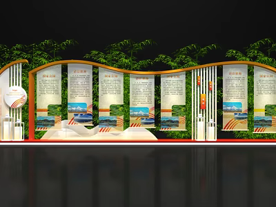 Modern Exhibition Wall With Multiple Panels Green Plant Background Globe And Seats 3d model
