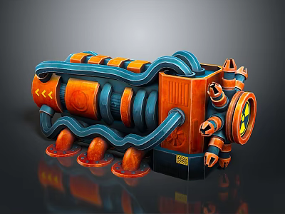 Futuristic Industrial Machinery With Orange Blue Pipes Circular Components And Warning Signs 3d model
