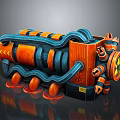 Futuristic Industrial Machinery With Orange Blue Pipes Circular Components And Warning Signs