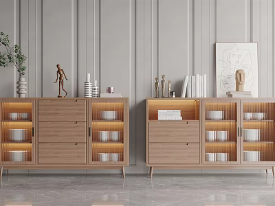 Modern Wooden Sideboard With Storage Shelves Bowls Books And Decorative Items 3d model