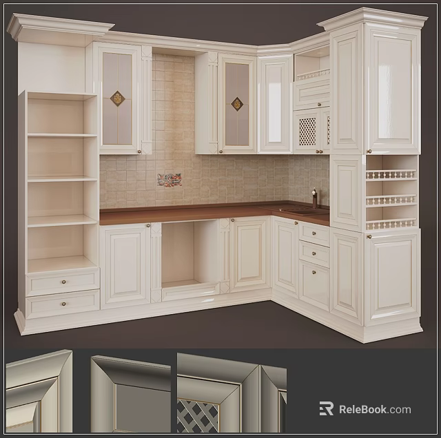 Stylish White Kitchen Cabinets With Drawers Open Shelves And Wooden Countertop 3d model 