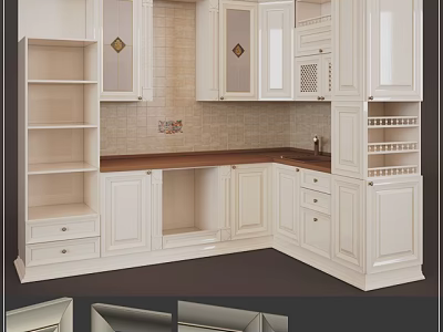 Stylish White Kitchen Cabinets With Drawers Open Shelves And Wooden Countertop 3d model