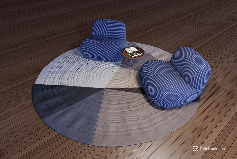 Leisure Sofa Set With Blue Upholstered Chairs Round Patterned Rug And Wooden Floor 3d model 