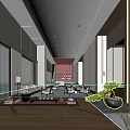 Modern Hotel Lobby Interior With Large Windows Sofas Coffee Tables And Decorative Lighting 3d model