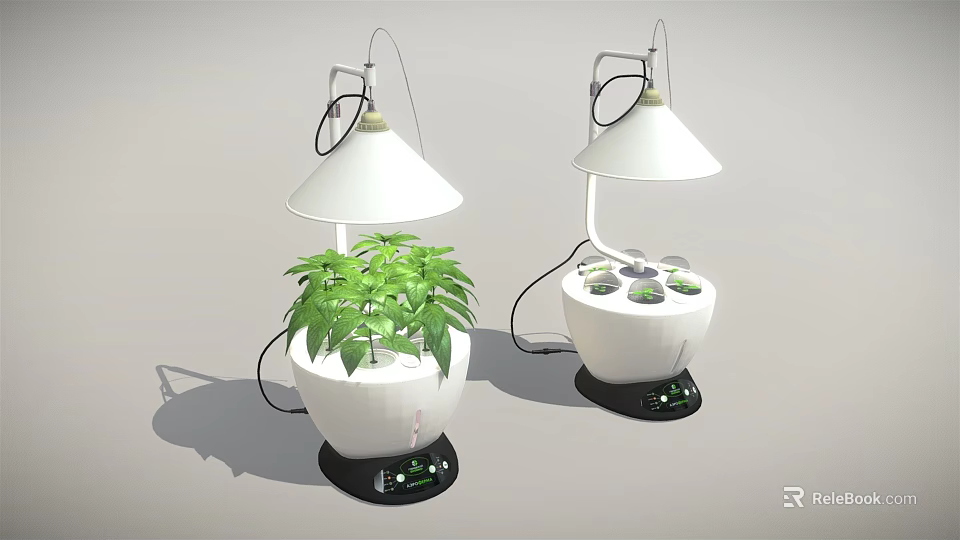 Indoor Plant Grow Lights With White Lampshades And Green Plant Containers 3d model 