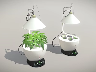 Indoor Plant Grow Lights With White Lampshades And Green Plant Containers 3d model