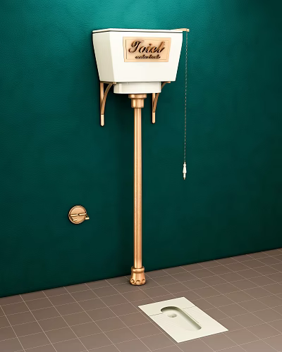 White Toilet with Golden Stand and Tank Mounted on Green Wall and Flush Button 3d model