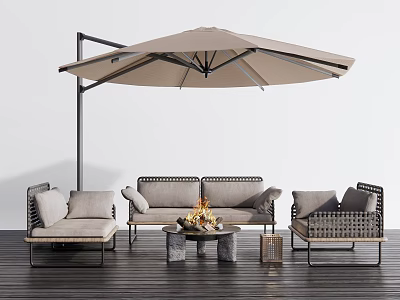 Rattan Outdoor Sofa Set With Fire Pit Table And Sun Umbrella On Wooden Deck 3d model
