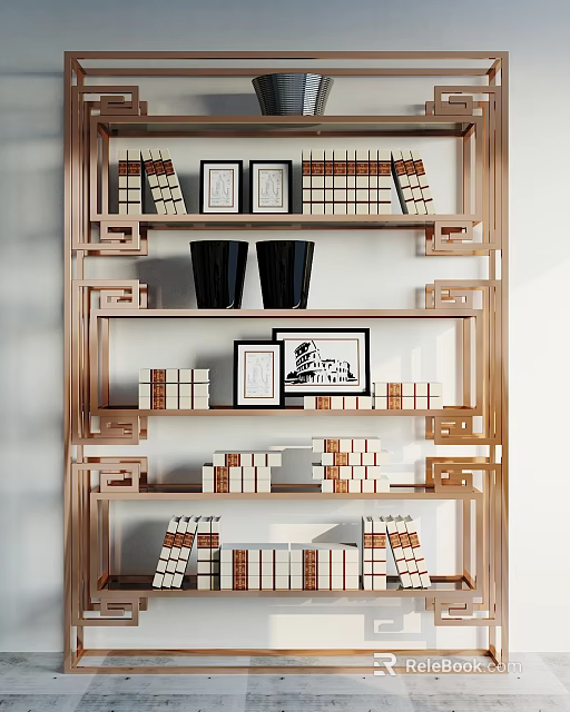 Wooden Bookshelf with Open Shelves Books Picture Frames and Black Cups Neatly Arranged 3d model 