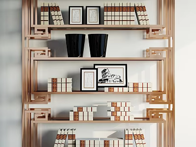 Wooden Bookshelf with Open Shelves Books Picture Frames and Black Cups Neatly Arranged 3d model