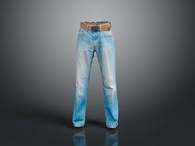 Fashionable Blue Denim Jeans With Brown Leather Belt Casual Wear 3d model