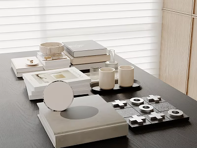 Stylish Inflatable Model Decoration on Wooden Desk with Books Cups and Geometric Ornaments 3d model