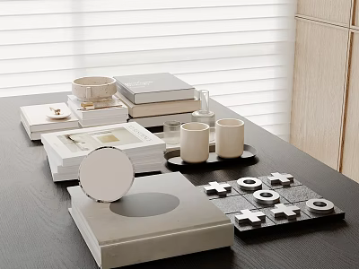 Stylish Inflatable Model Decoration on Wooden Desk with Books Cups and Geometric Ornaments 3d model